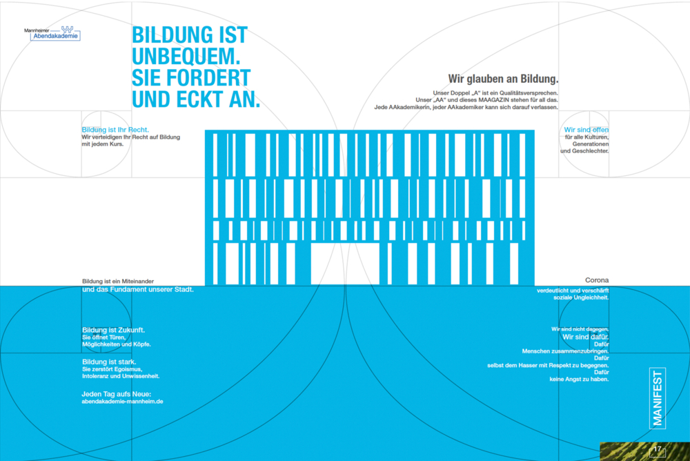 VOON Doppelseite wirbt für mehr Demokratieverständnis, Demokratiebildung und die neuen Kurse der Mannheimer Abendakademie.