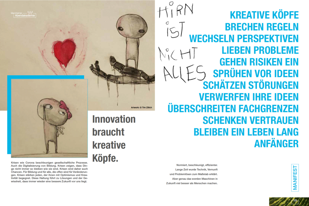 VOON Doppelseite wirbt für die Mannheimer Abendakademie, für Optimismus und Kreativität.