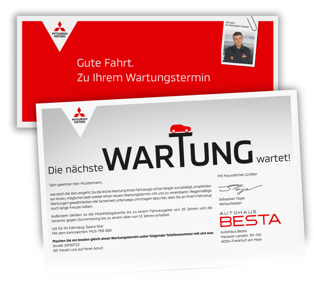 Umschlag Mailing: Gute Fahrt. Zu Ihrem Wartungstermin