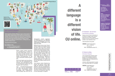 VOON Doppelseite wirbt für 35 Fremdsprachen-Kurse und Integration und heißt 71 Nationen in Mannheim willkommen.