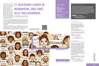 VOON Doppelseite wirbt für 35 Fremdsprachen-Kurse und Integration und heißt 71 Nationen in Mannheim willkommen.